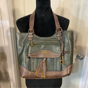 boc Shoulder Bag purse green and brown Multi pockets zipper pockets Handbag